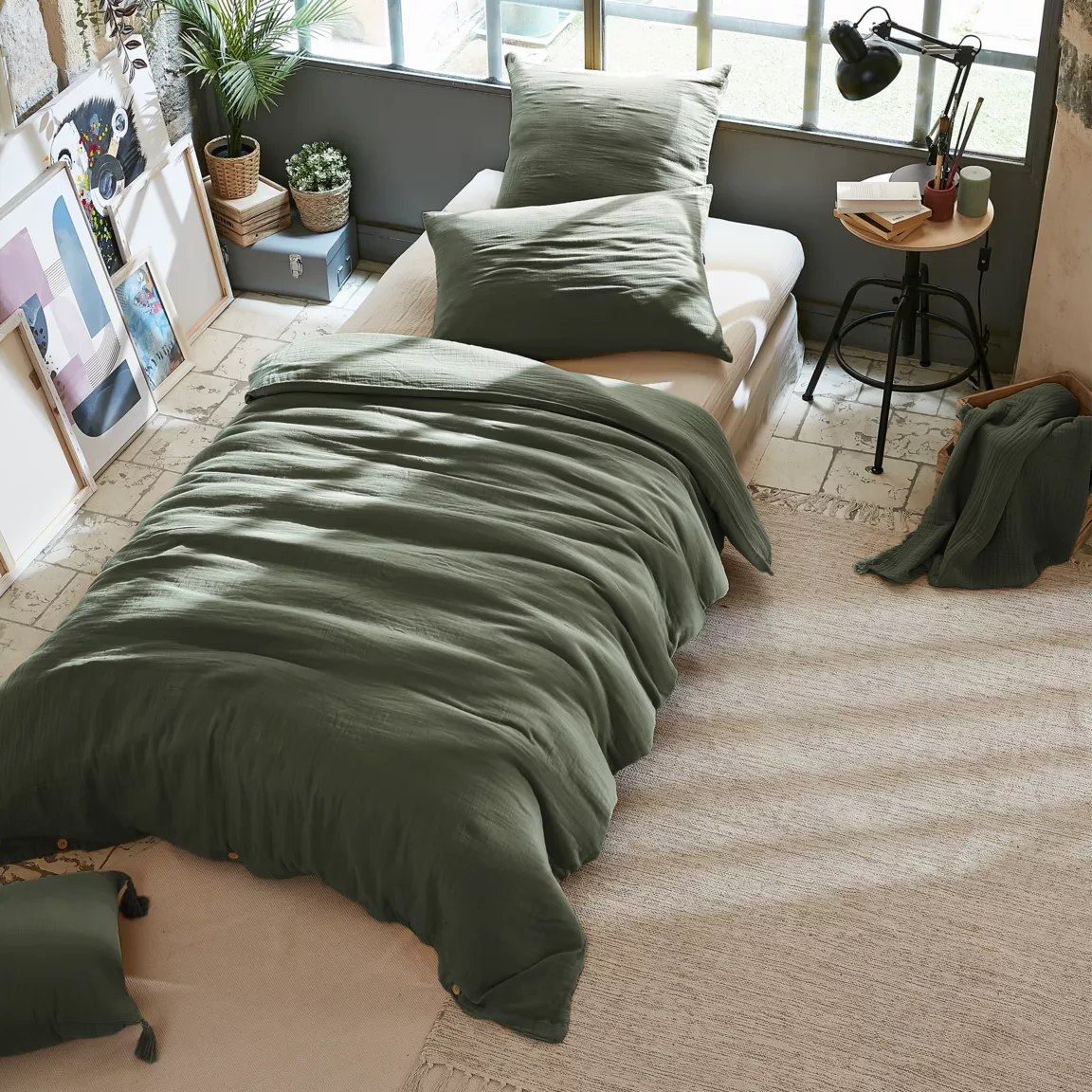 Housse de couette gaze de coton (140 x 200 cm) Gaïa Vert romarin