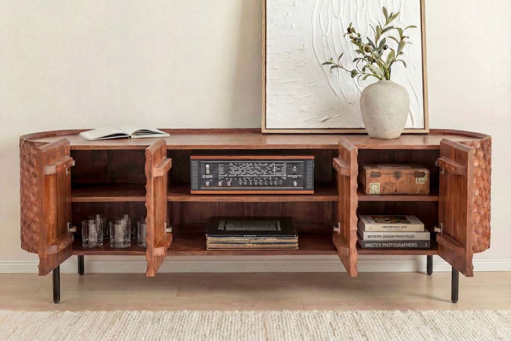 Massives TV-Board ADLON 160cm braun Mangoholz schwarz Metall Lowboard mit 3D- Front