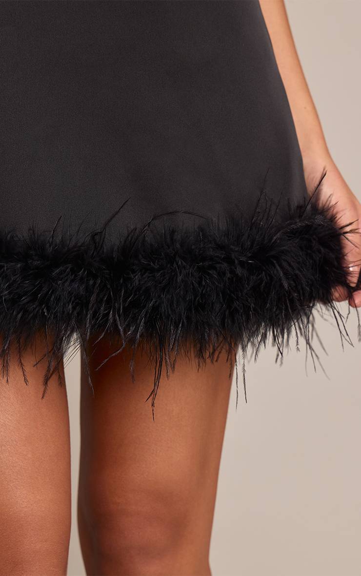 Noir Robe Droite Tissée À Ourlet Plumes