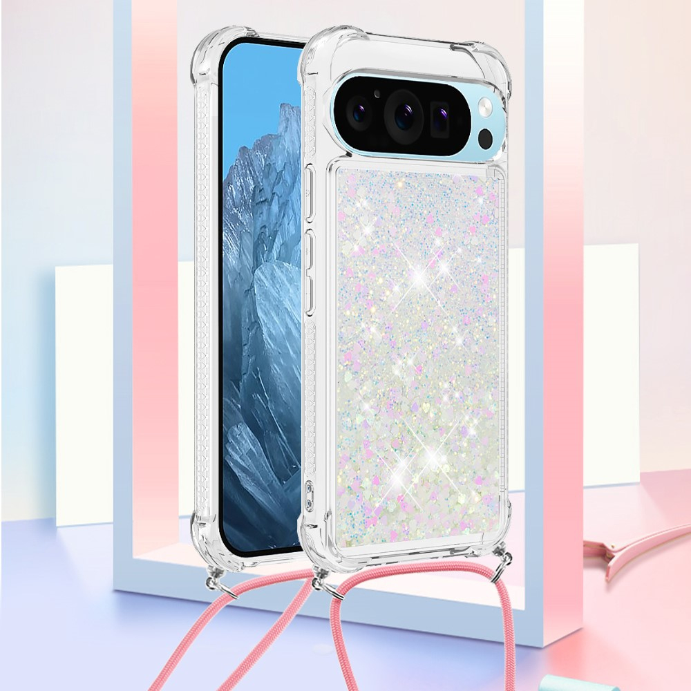 Google Pixel 9 / Pixel 9 Pro Necklace Gummi Hülle Liquid Glitzer   Handykette (130cm) - Rosa / Silber