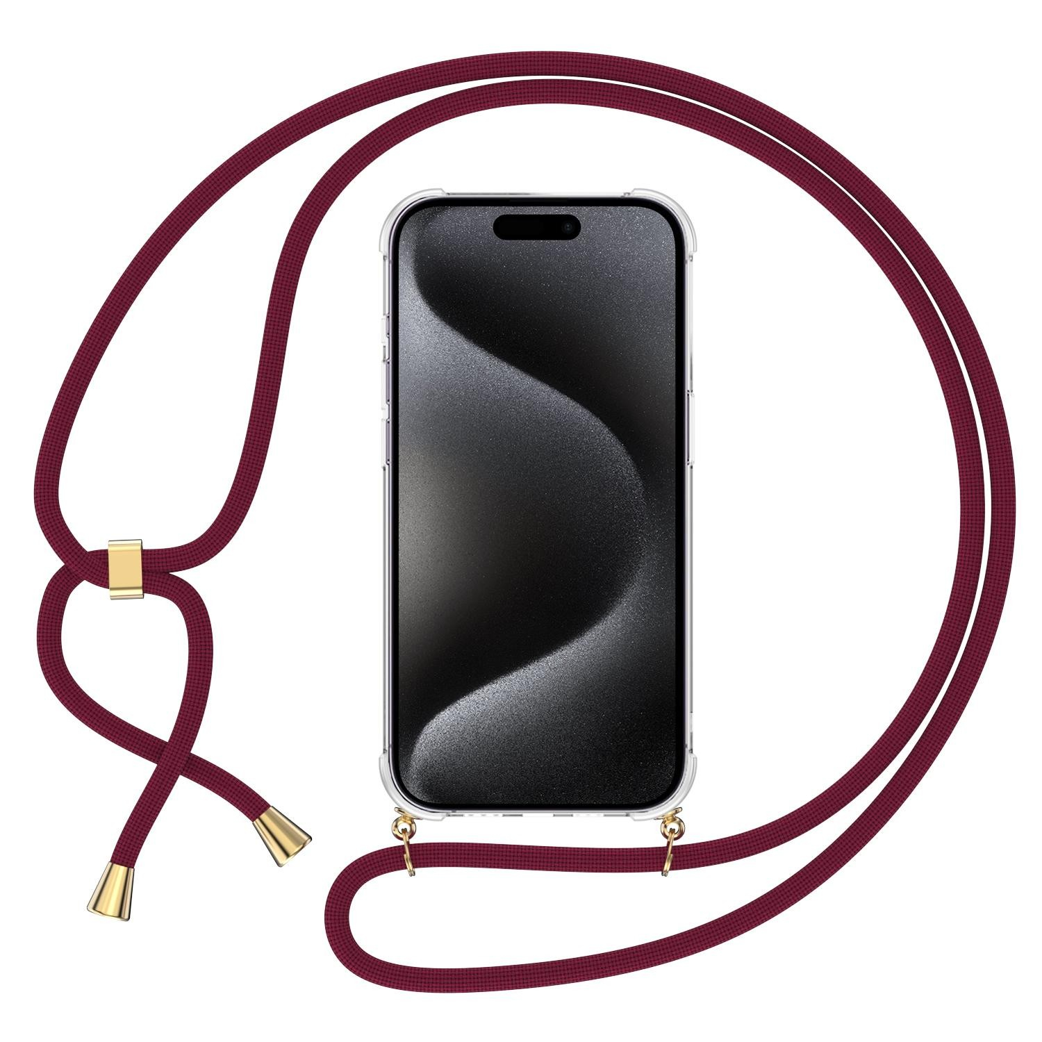 iPhone 16 Pro Max Necklace Gummi Hülle Air Cushion Fallschutz   Handykette (150cm) - Dunkelrot / Gold