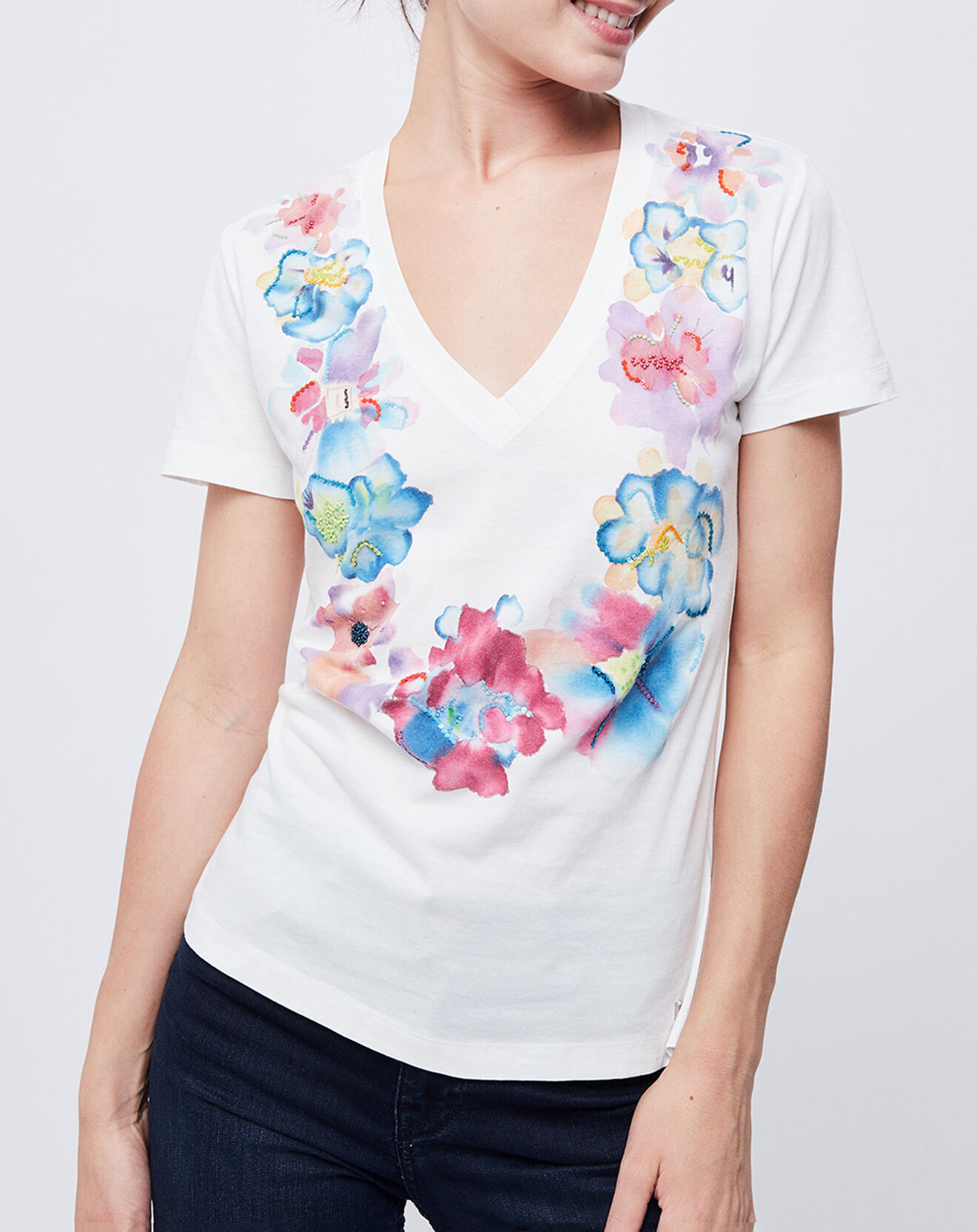 John Galliano T-Shirt imprimé avec perles blanc cassé/multicolore