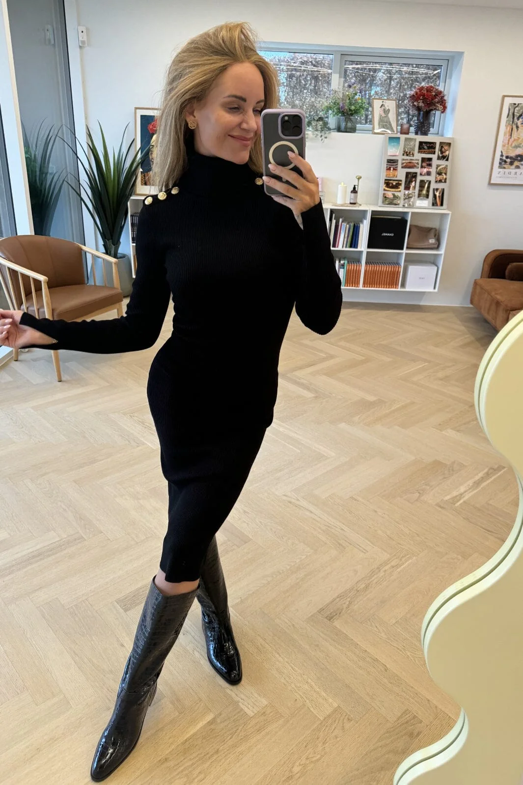 Valentin Studio Gold Button Knit Roll Dress