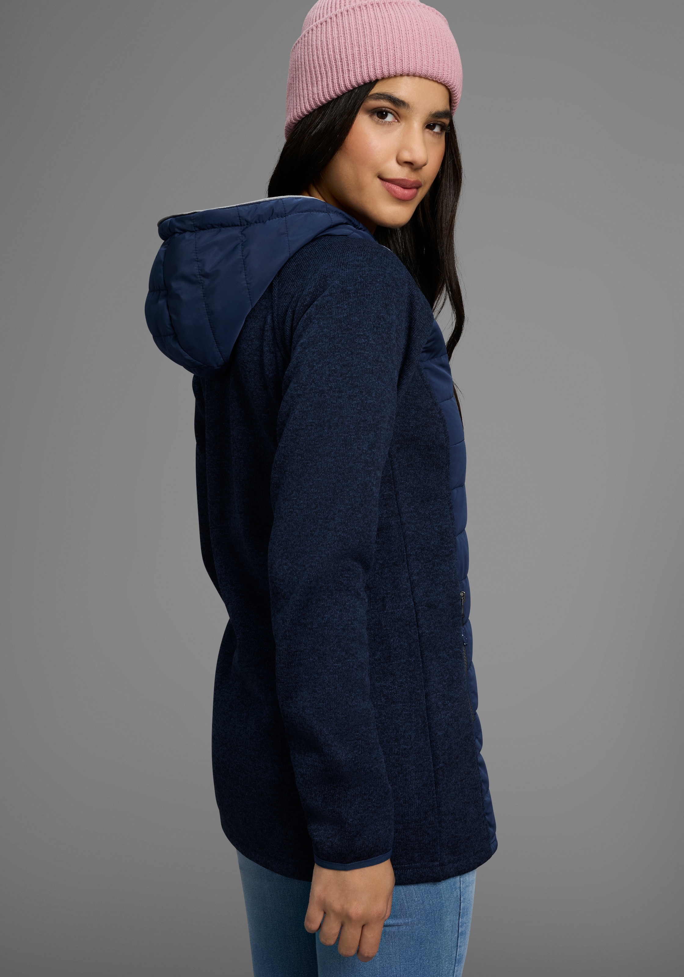 Polarino Strickfleecejacke mit Kapuze mit wattiertem Bereich-Hybridjacke, Übergangsjacke