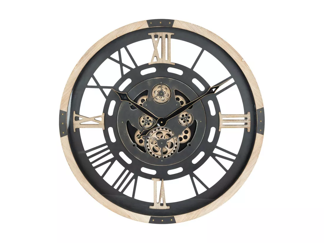 Grande Pendule murale Noir et Bois style vintage avec rouages mobiles D 80 cm