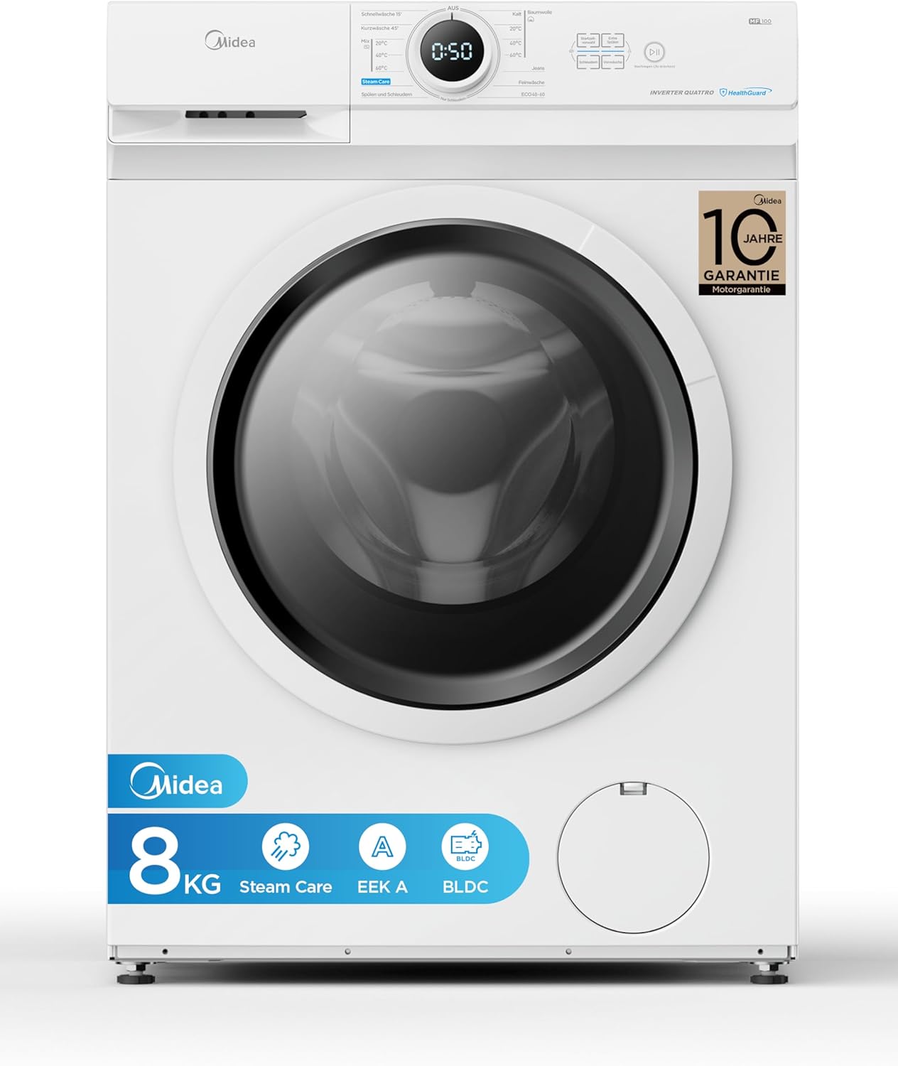 Midea MF10EW80B Waschmaschine / 8kg / 1400 U/Min/EEK A/Inverter Quattro Moto/Slim Line/Dampffunktion/Grosse Trommel/Slim Design/Nachlegefunktion/Kindersicherung/AquaStop, Weiß