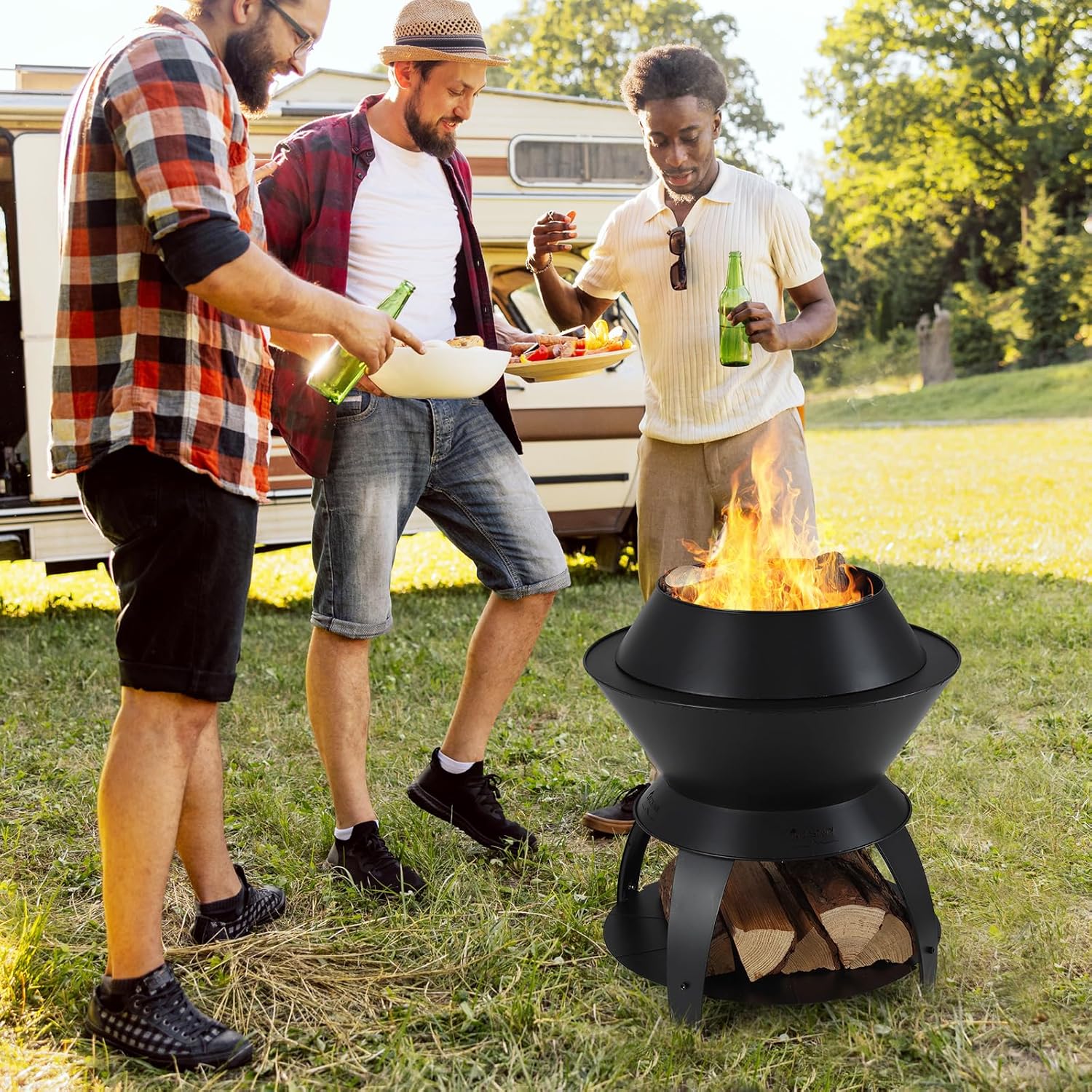 COSTWAY Feuerschale mit Topfhalter und Ablage, Feuerstelle mit rauchfreier sauerstoffangereicherter Verbrennung, Fire Pit für Camping, Garten, Terrasse