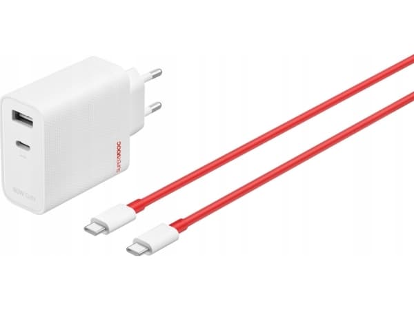 OnePlus SUPERVOOC - Strømadapter - GaN - 80 watt - 7.3 A - SuperVOOC, PD/PPS, QC - 2 utgangskontakter (USB, 24 pin USB-C) - hvit