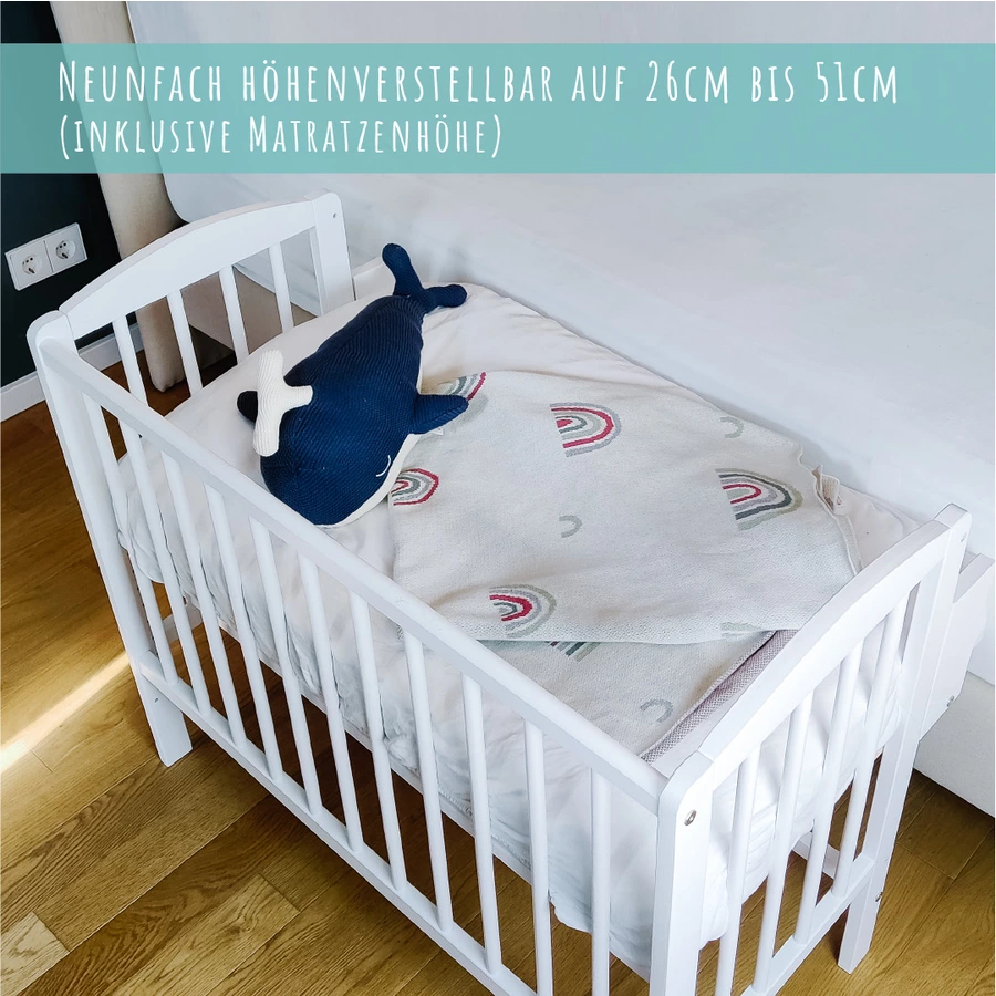 Kids Collective Beistellbett 90x40 cm, umbaubar zu 90x55 cm, 9x verstellbare Liegehöhe weiß mit Matratze