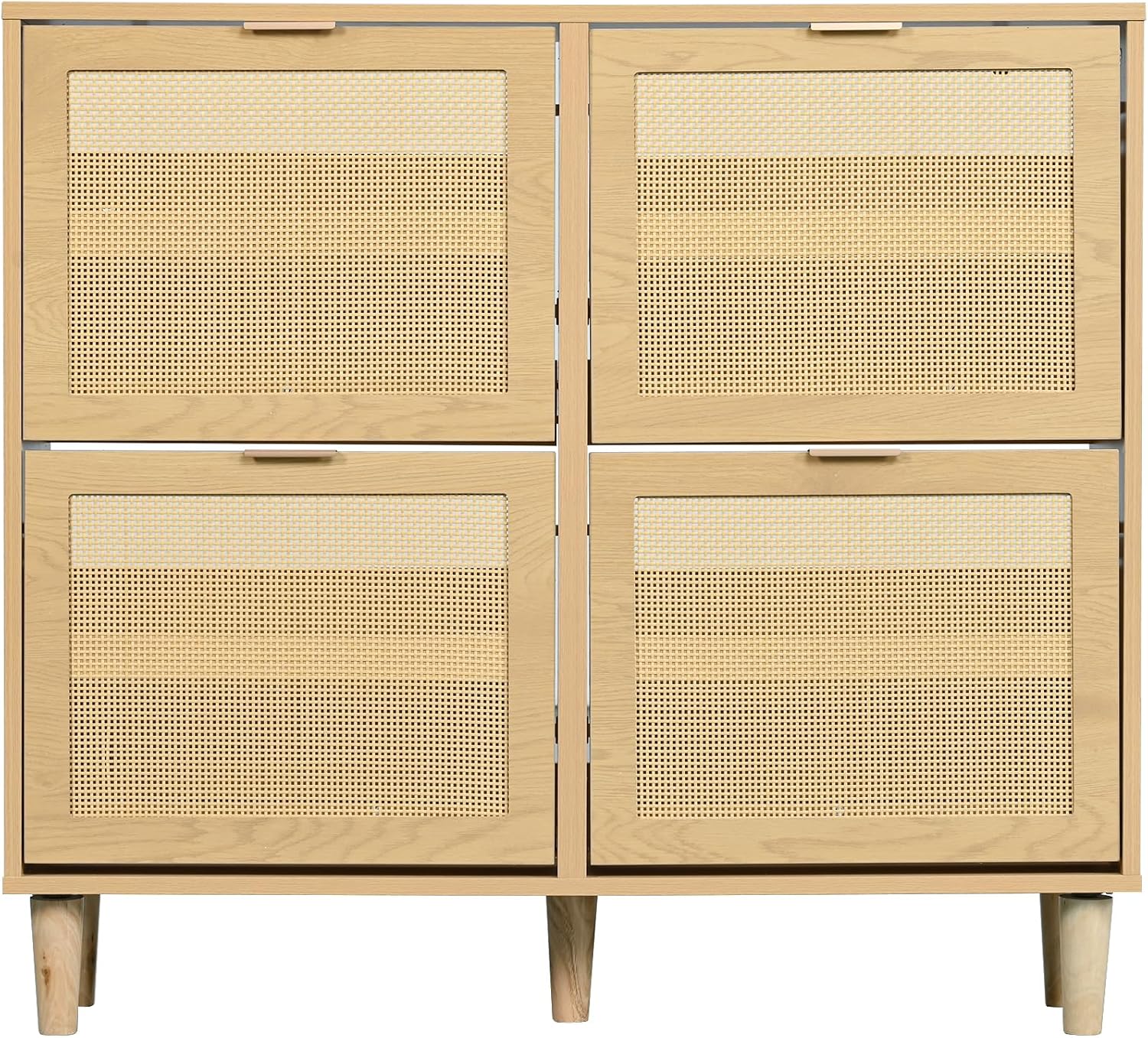 Schuhschrank mit 4 Klappschubladen, Schuhkommode aus Rattan mit Metallgriffen, Holzmöbel, Landhausstil, Maße: 100 x 25 x 90 cm