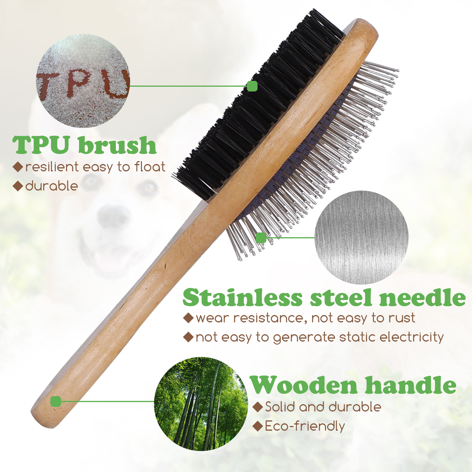 Escova dupla Nobleza para cães e gatos, 2 em 1, escova de higiene de dupla face, pente profissional de bambu para animais de estimação, escova de massagem desembaraçante com cerdas para pelos longos e curtos.