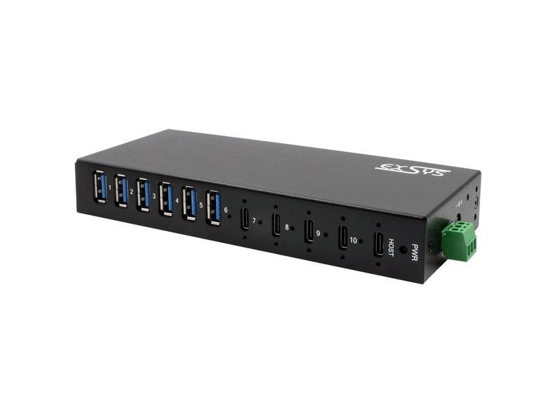 Exsys USB-Hub EX-12290HMS 10 Port USB 3.2 Gen Metall HUB mit 4x USB-C und 6x USB-A für Tisch, Wand und DIN-Rail Montage