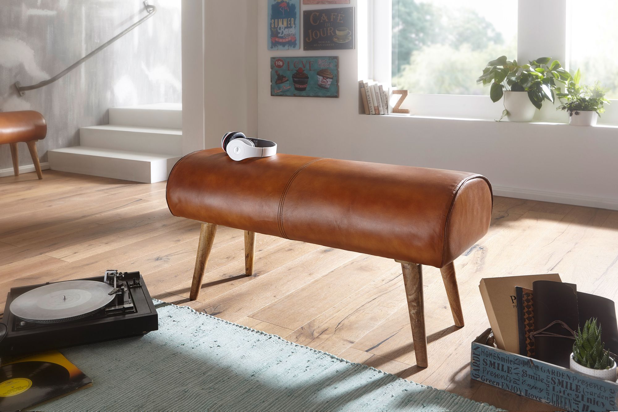 KADIMA DESIGN Sitzbank aus Holz und Echtleder, Moderne stilvolle Sitzgelegenheit für 2 Personen
