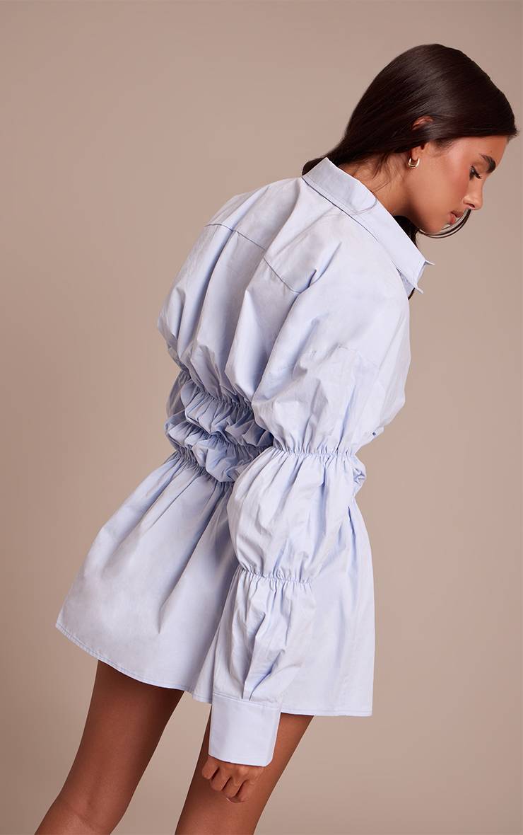 Bleu Robe Chemise Froncée À Manches Longues