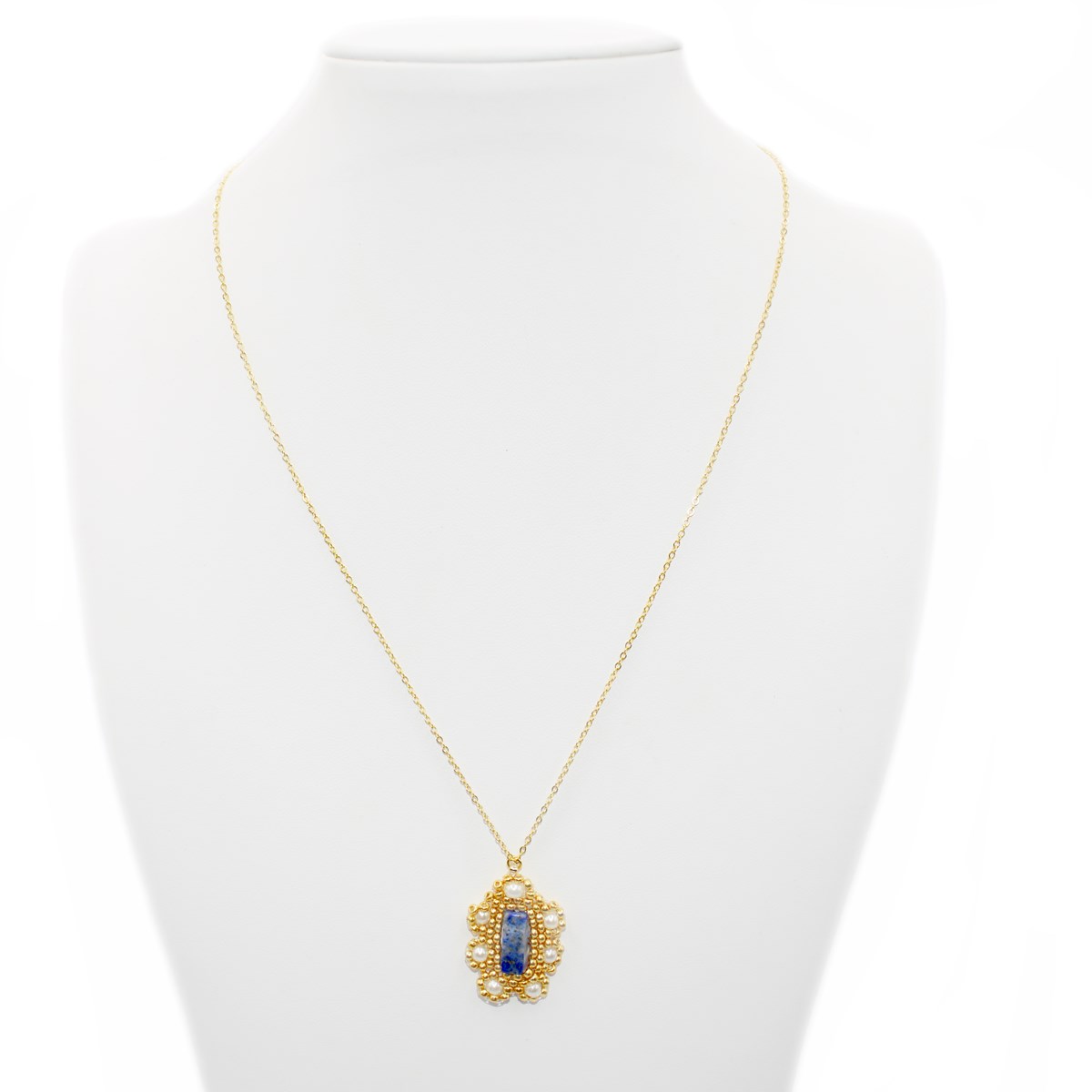 Collier avec pendentif tissé mains - Perles  miyuki et lapis-lazuli-Doré à l'or fin