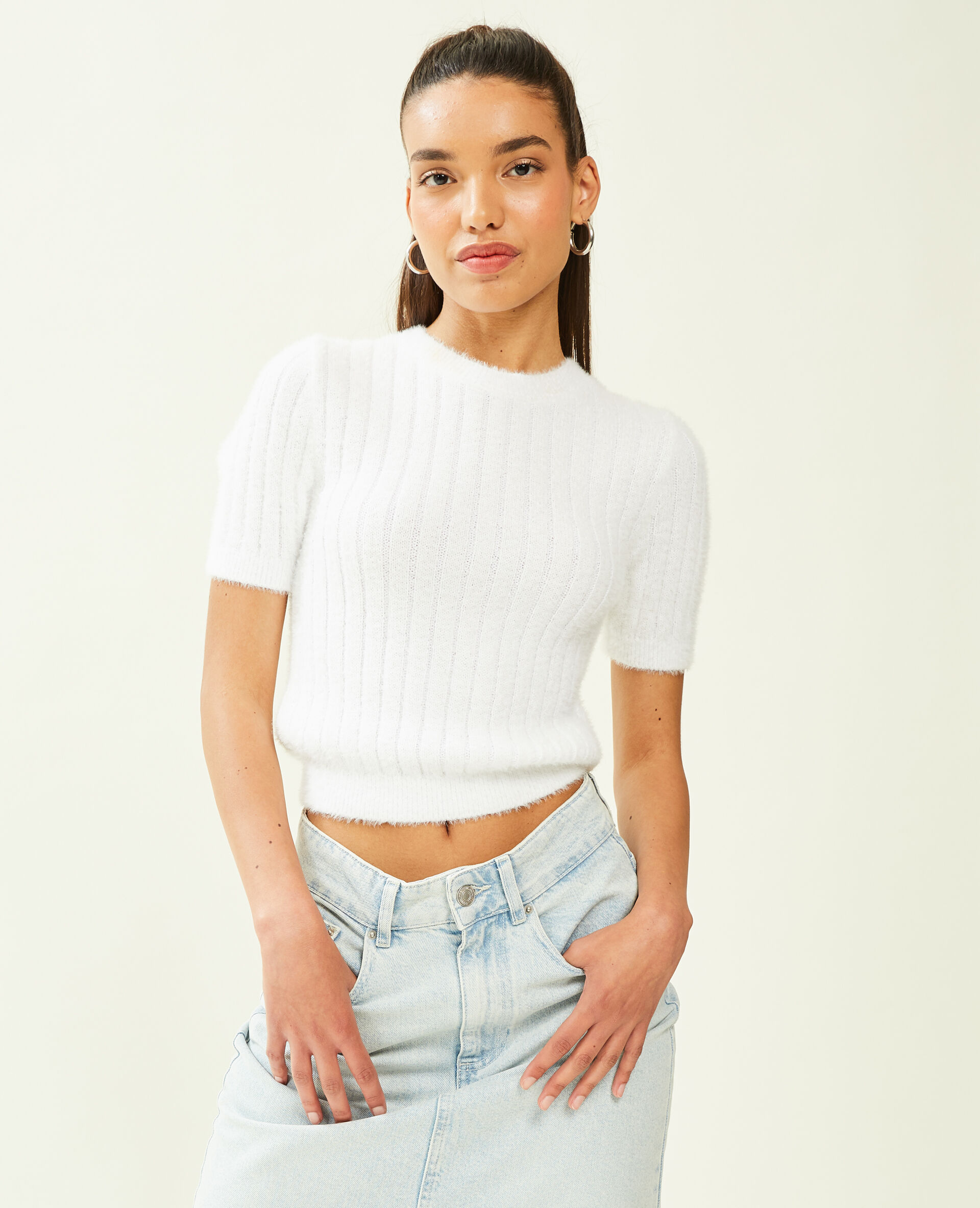 Pull duveteux à manches courtes - Blanc