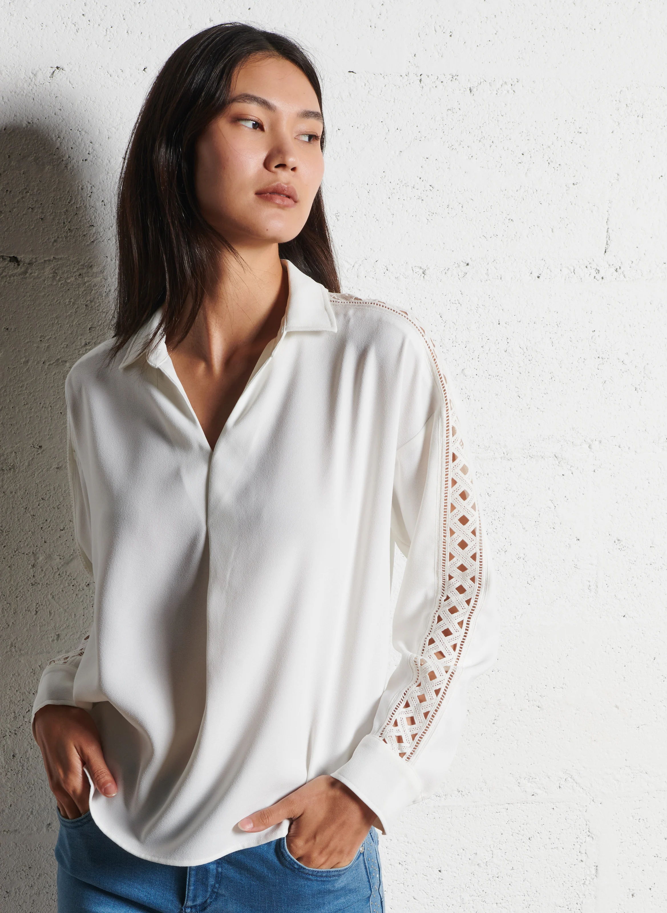 Blouse ample à dentelle| Blanc