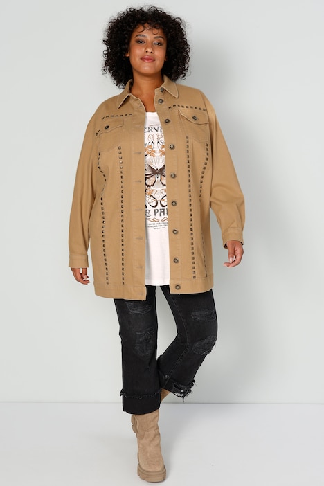 Longjacke, oversized, Ziernieten, Rücken-Stickerei, Langarm