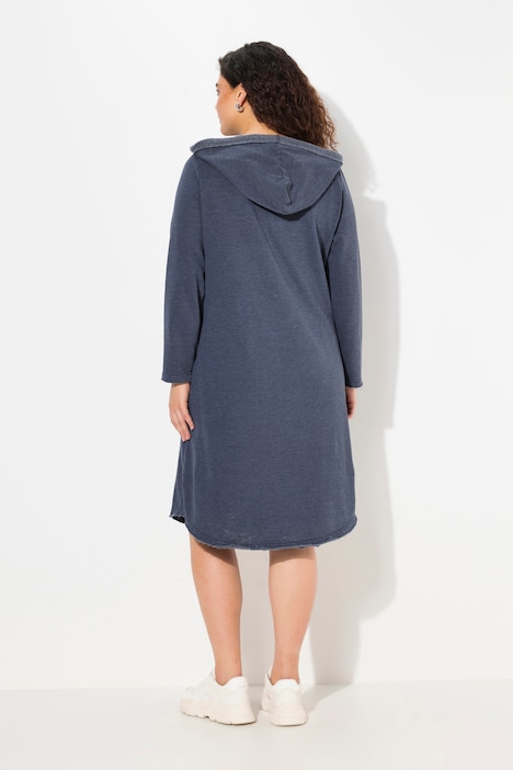 Sweatkleid, offenkantig, Kapuze, V-Ausschnitt, Langarm