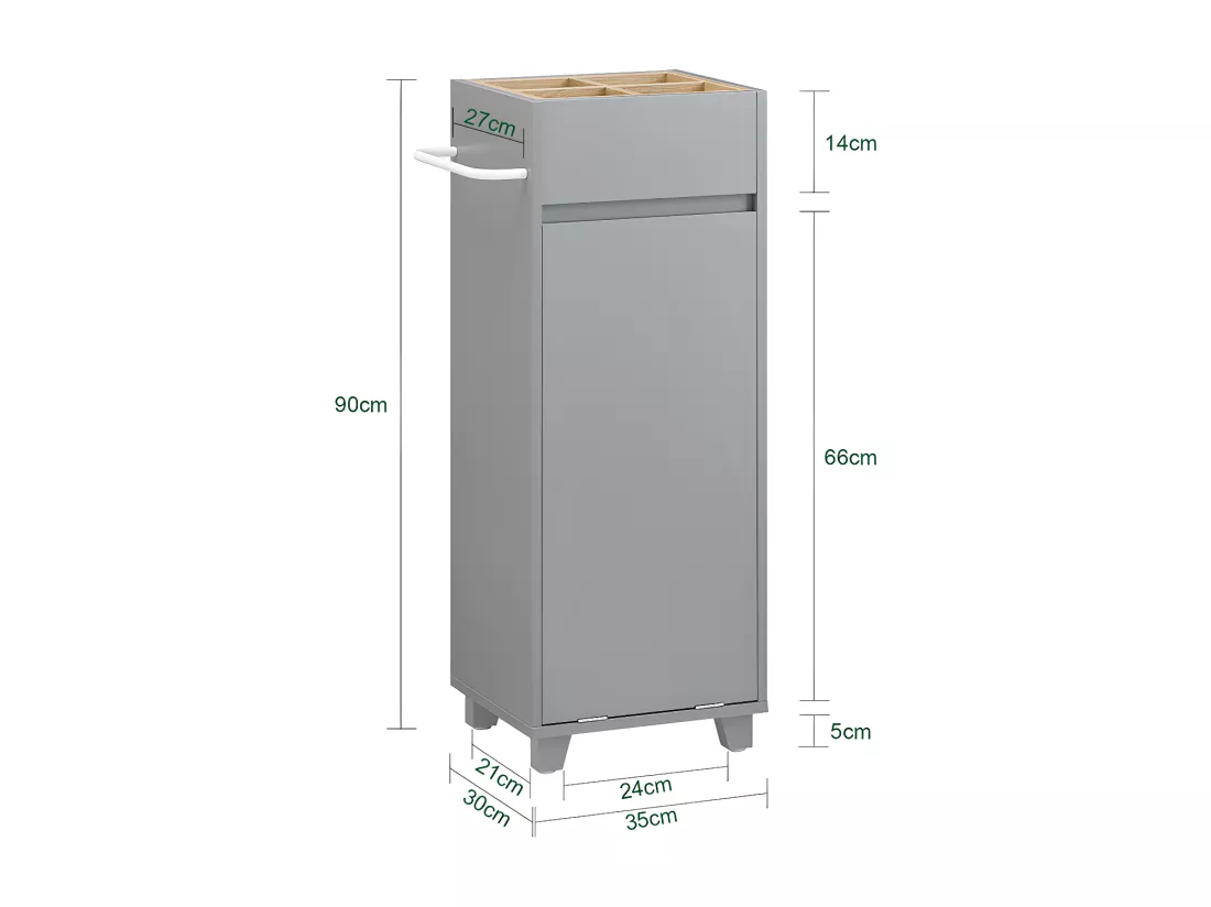 SoBuy Armoire à Linge Meuble Bas de Salle de Bain Corbeille à Linge Meuble de Rangement avec 4 Petits Compartiments Ouverts et 1 Panier à Linge Amovible, Gris, 35x30x90 cm, BZR159-DG