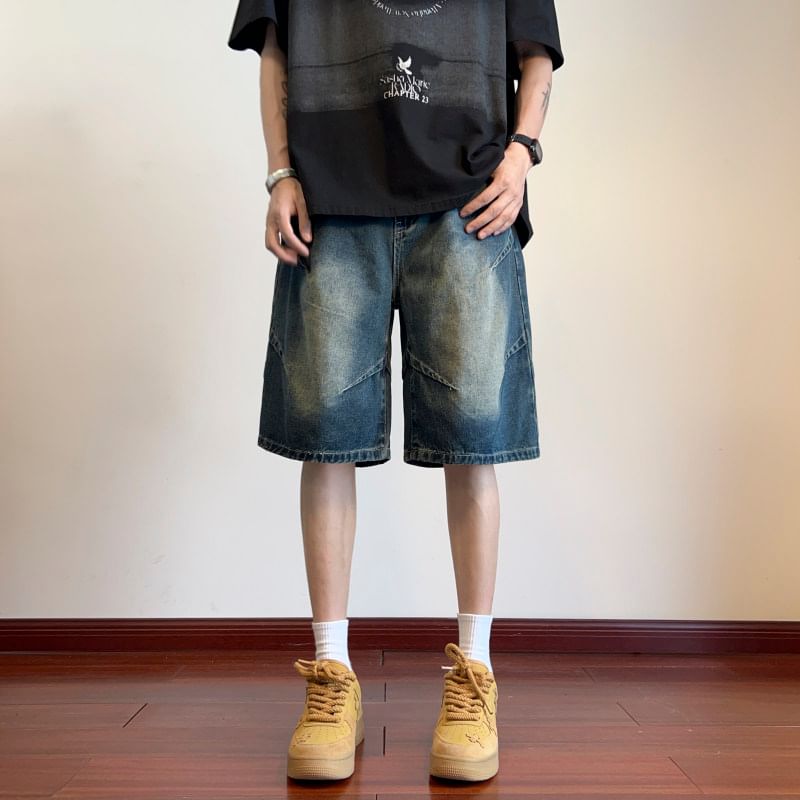 Kimeya - Mid Rise Washed Wide Leg Denim Shorts