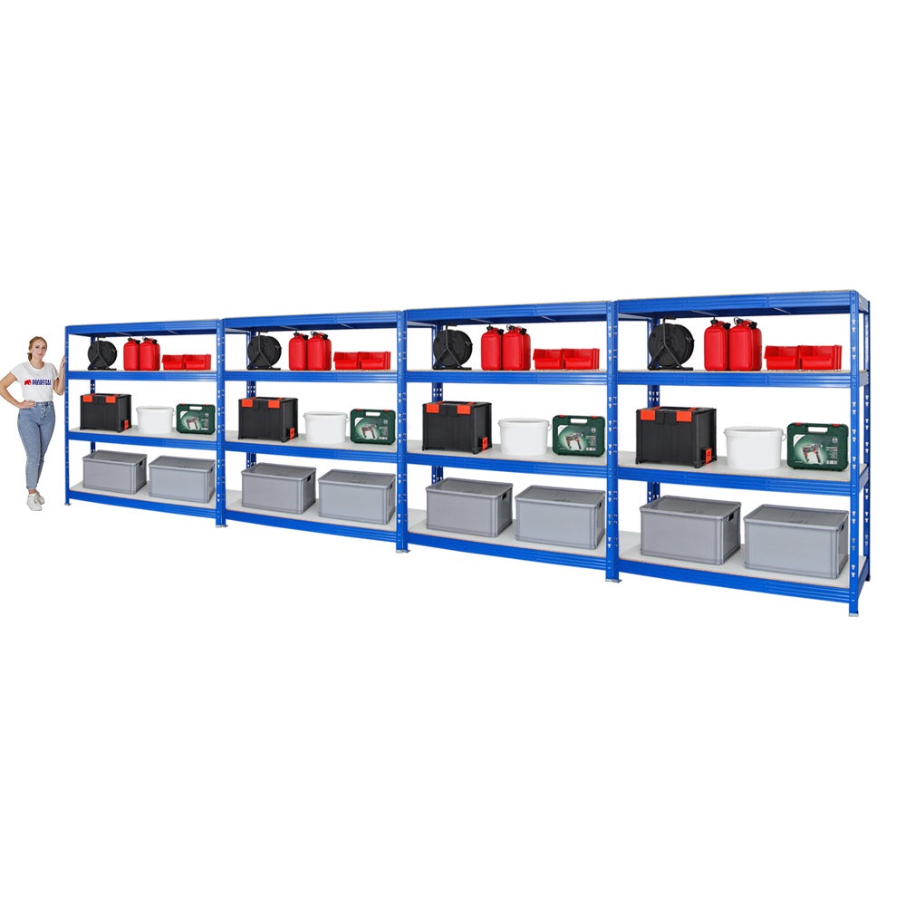 PROREGAL Mega Deal 4x Professionele Heavy-Duty Stellingkast Rhino HxBxD 180 x 160 x 60 cm 4 Melamine Planken 16mm Plank Draagvermogen 500 kg Blauw