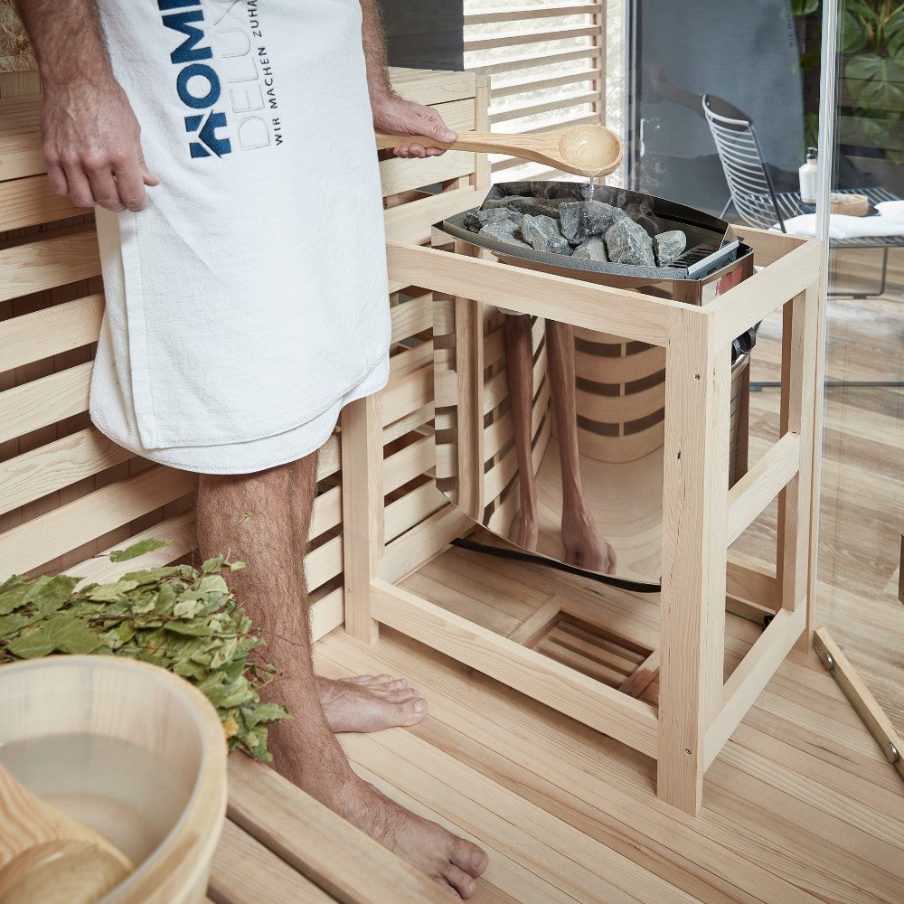 Home Deluxe - Traditionele Sauna - Skyline XL Grote Kunststeenwand - 200 x 200 x 210 cm, voor 2-6 personen, Hemlock, incl. sauna-accessoires | Stoomsauna, Infusiesauna, Finse sauna, Biosauna