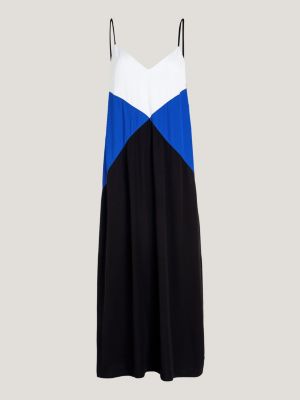 Vestido longo slip com estampa argyle em blocos de cores.