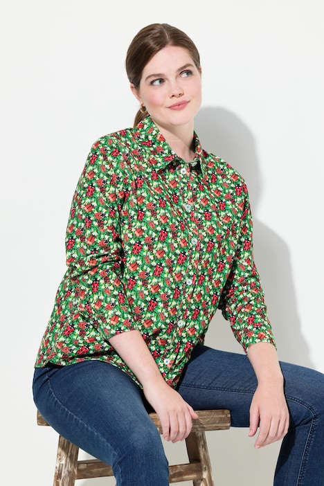 Cordbluse, floraler Druck, Hemdkragen, Langarm
