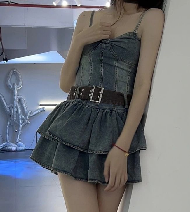 resinling - Gewassen strik-ruffle mini A-lijn denim tubejurk