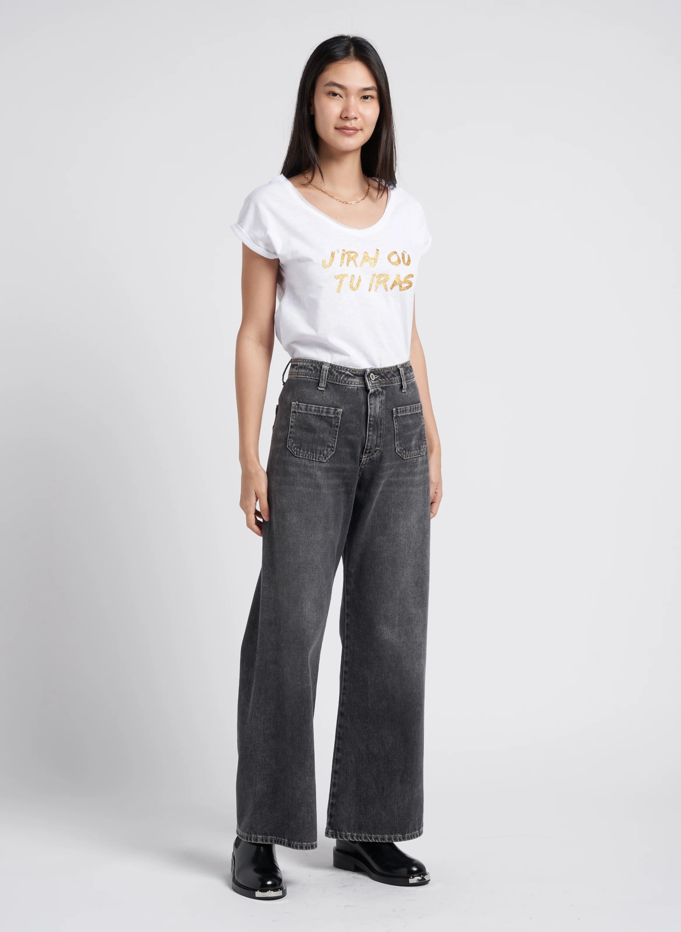 Jean flare taille haute en coton | Noir