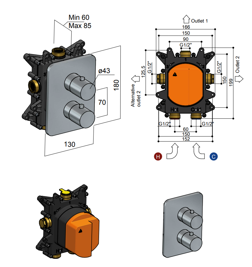Hotbath Gal inbouwthermostaat 2-wegs geborsteld gunmetal PVD