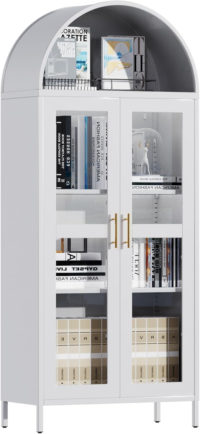 185 cm Metallschaukasten, Vitrinen-Schrank mit Gewölbtem Oberteil, mit 2 Glastüren und 2 Regalen, Küchenschrank, Glasvitrine für Wohnzimmer und Schlafzimmer, Weiß
