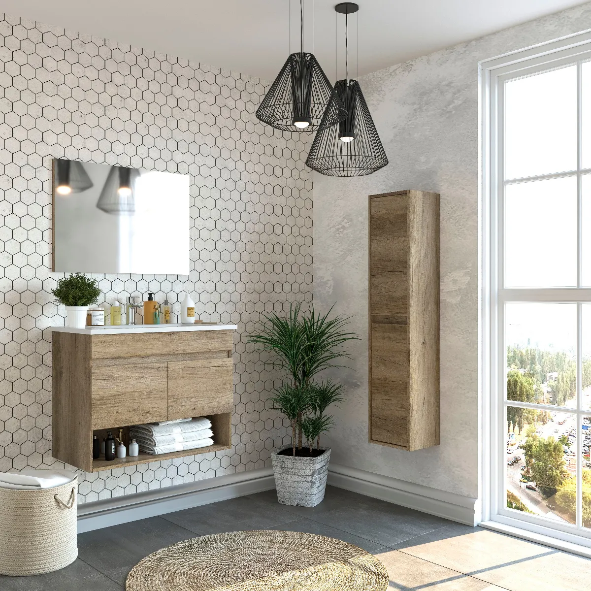 Alter Meuble sous-vasque suspendu avec miroir - Chêne imitation bois brut