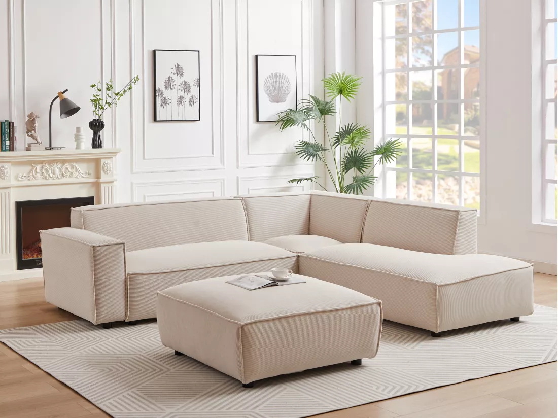 Grand canapé d'angle droit et pouf en velours côtelé beige BORORE de Pascal Morabito