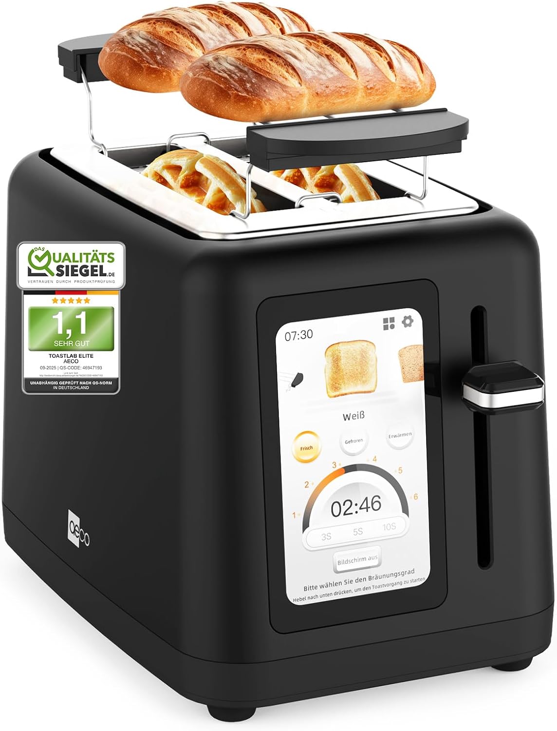 aeco toastlab Elite Toaster 2 Scheiben, Brötchenaufsatz, extra breite Toastschlitze, 6 Bräunungsstufen, 10 Programme, 850W, 5