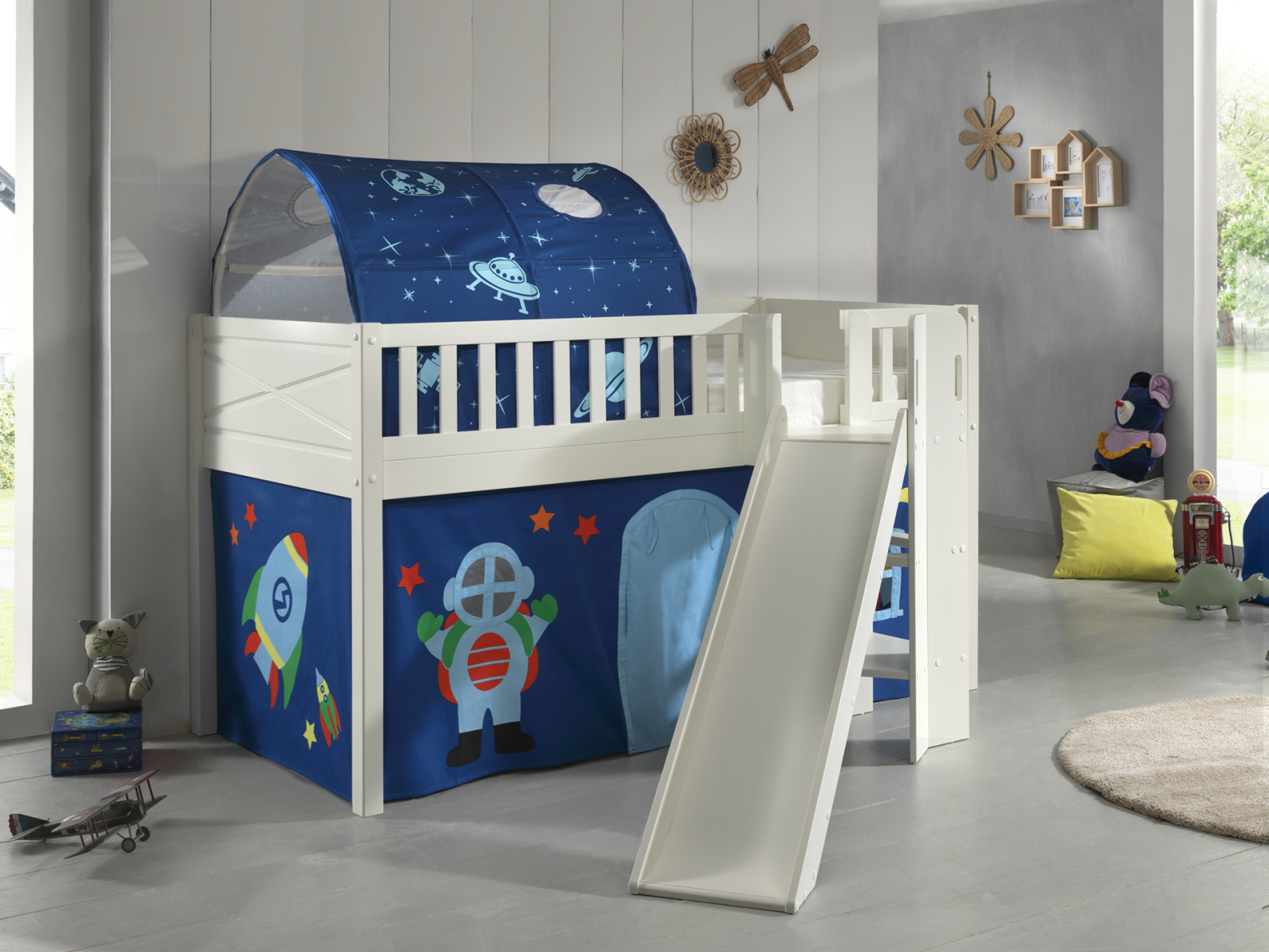 Spielbett SCOTT - weiß - Astro - mit Rutsche - Vorhang, Leiter und Tunnel - 90x200 cm