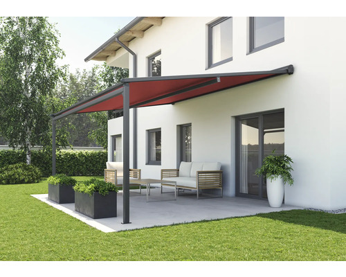 SOLUNA Pergola met stoffen dak 4x3, stofdesign 320961, frame RAL 7016 antracietgrijs, aandrijving links inclusief motor, wandschakelaar (wandmontage)