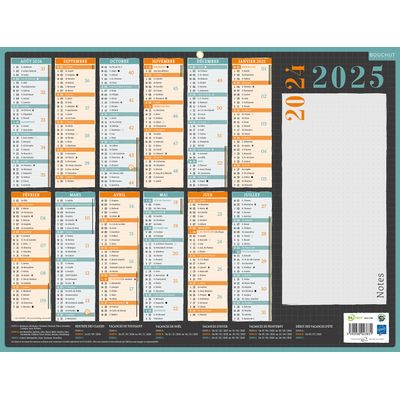 Calendrier Emploi du temps effaçable - 12 mois sur une face - 32 x 42 cm - Bouchut