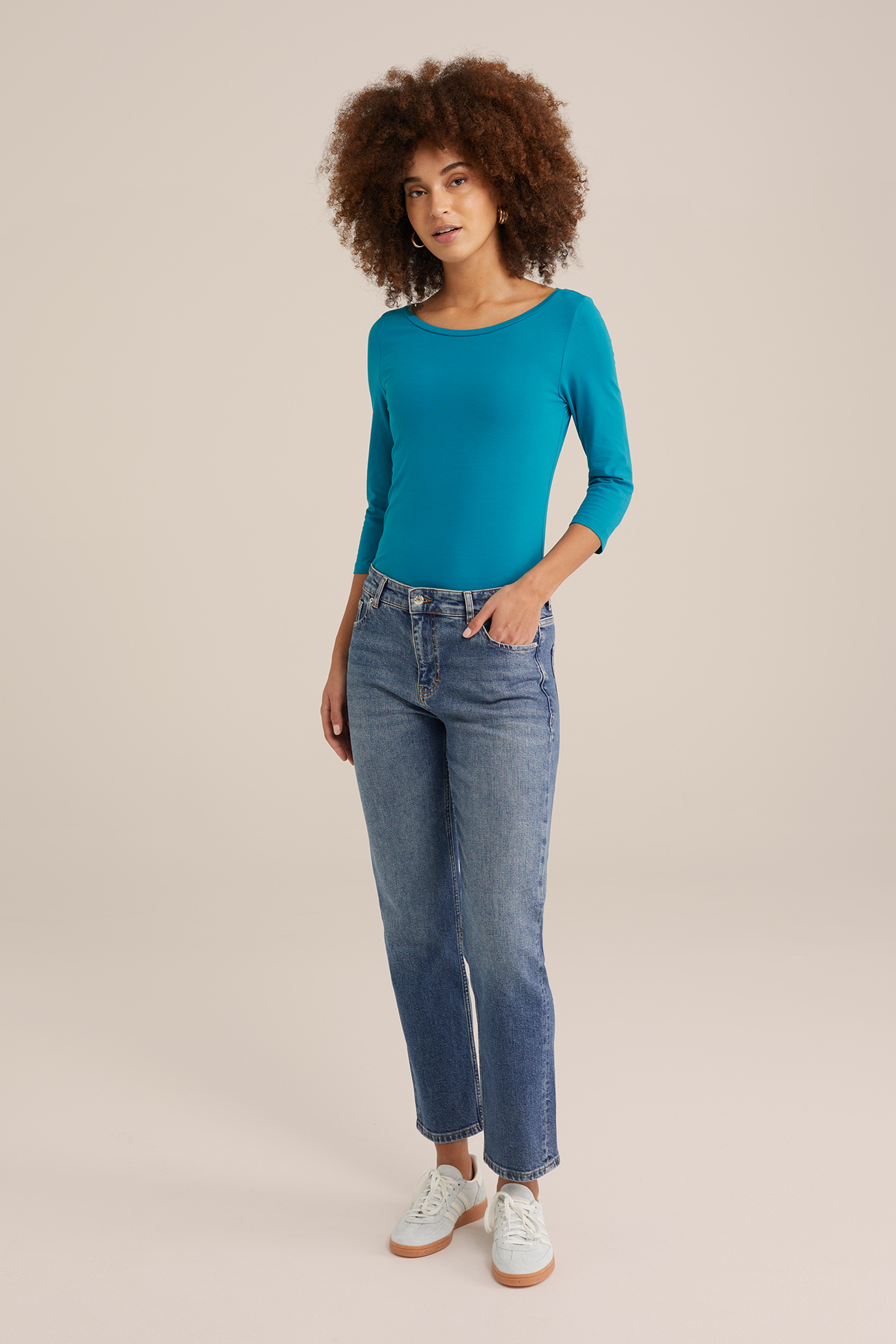 T-shirt met driekwart mouwen WE Fashion Blauw