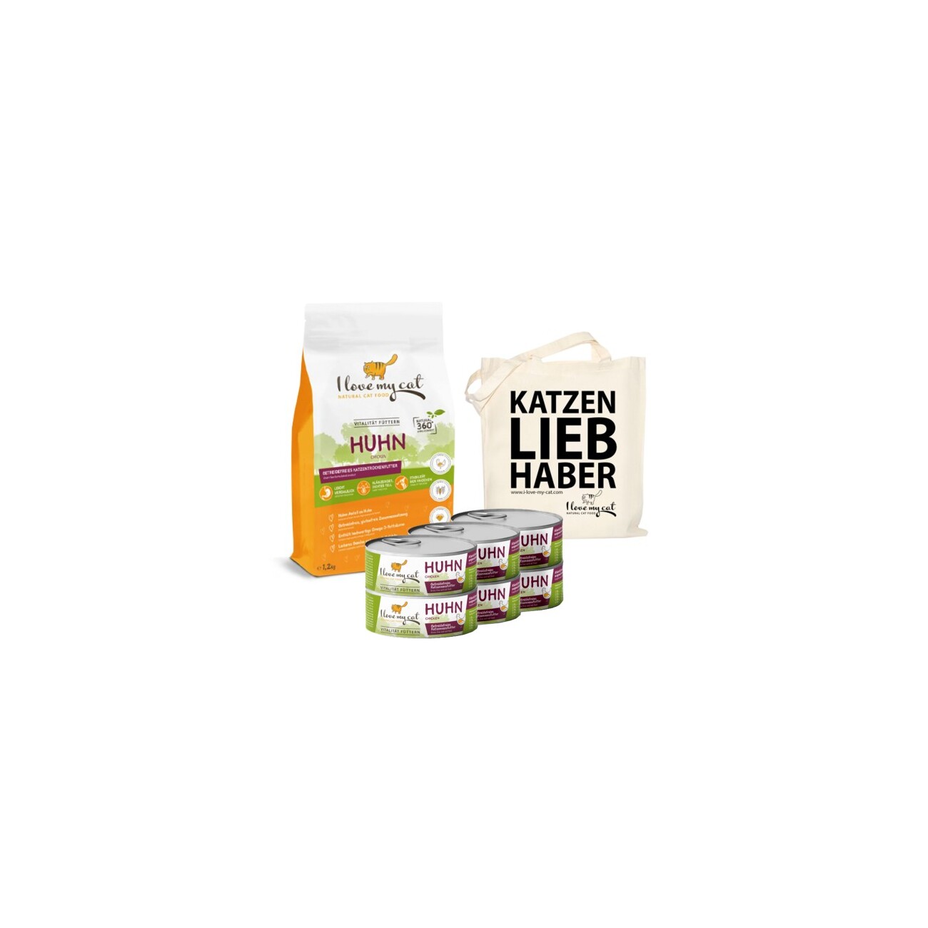 I love my cat ILMC set mit Huhn - Trockenfutter mit Huhn + Nassfutter mit Huhn + Jute Beutel