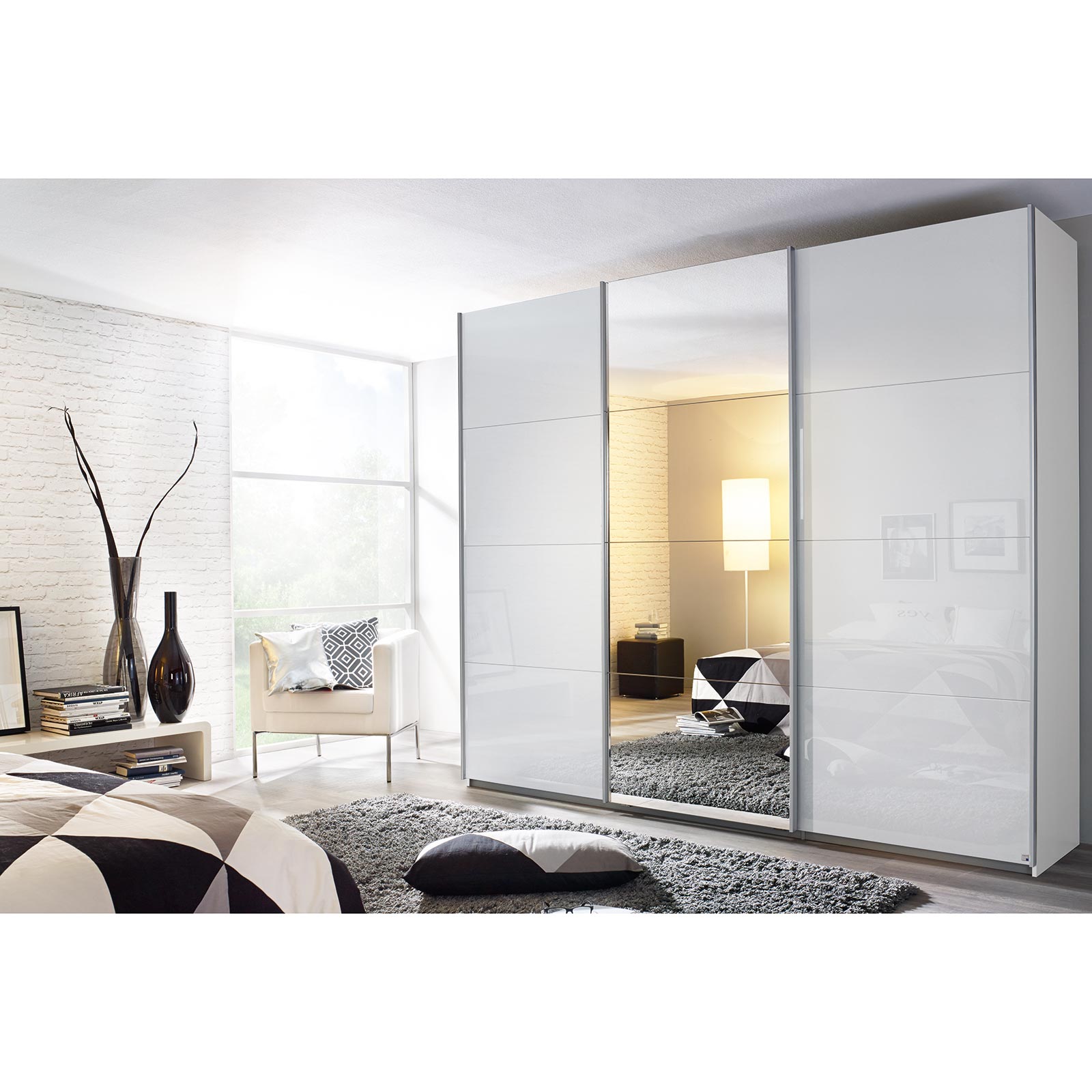 Schwebetürenschrank - weiß - alpinweiß - mit Spiegel - 2 Glastüren - 271x210 cm