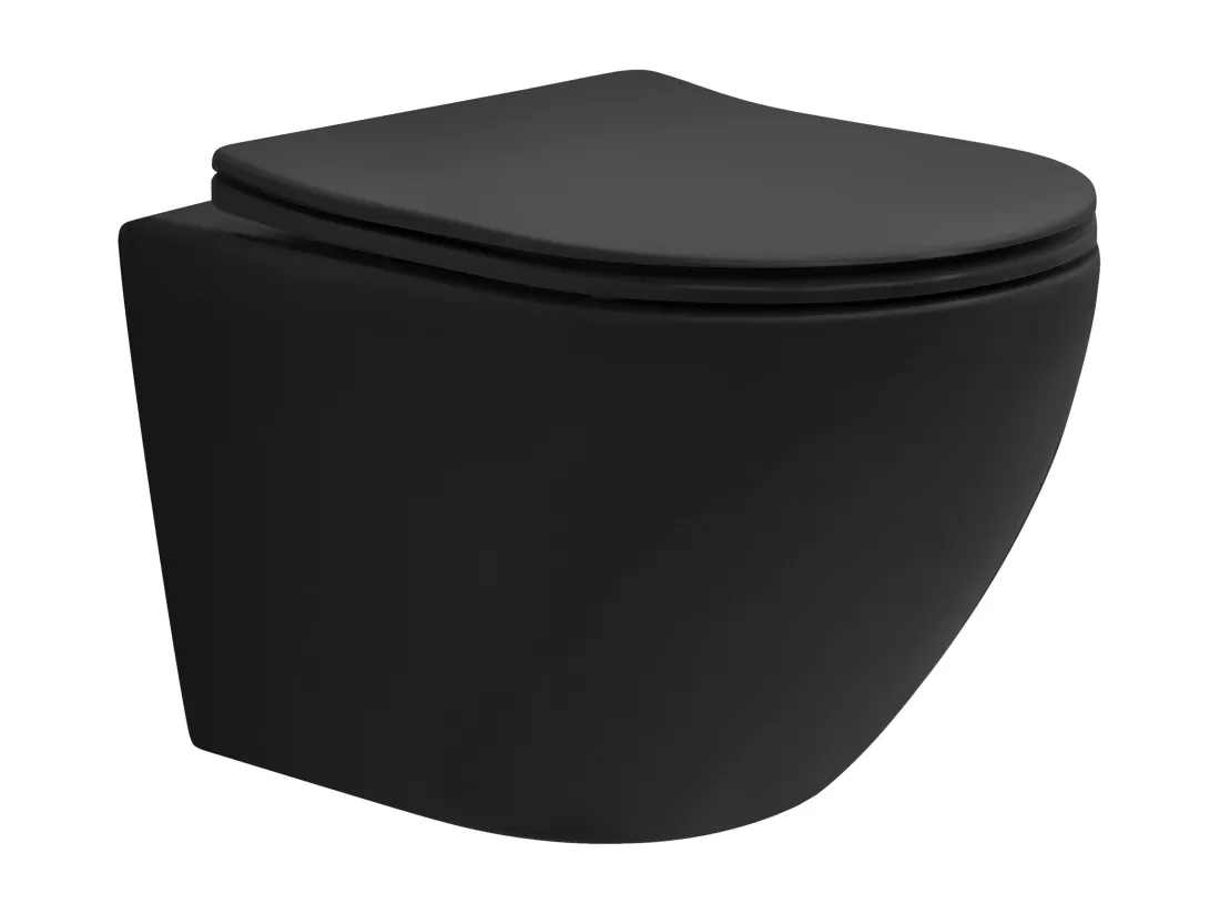 WC Suspendu sans Rebord, Court, Noir Mat, 49cm, Chasse d'Eau Tornade, en Céramique