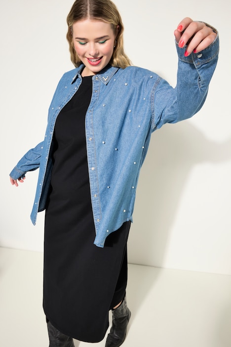 Jeanshemd, oversized, Zierperlen, Langarm