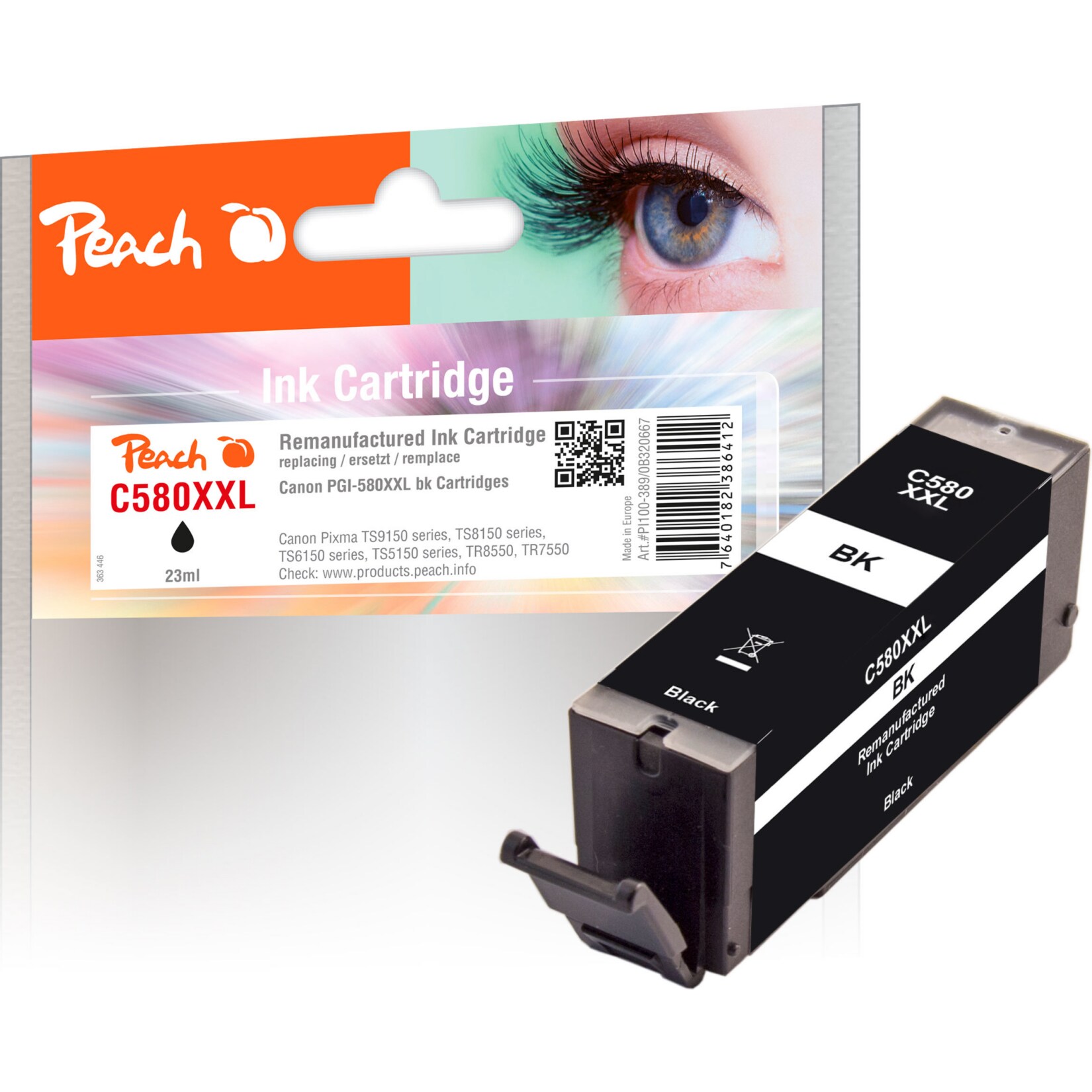 Peach C580 XXLPGBK Druckerpatrone XXL bk ersetzt Canon PGI-580XXLPGBK, 1970C001 für z.B. Canon Pixma TR 8550, Canon Pixma TS 8351 a (wiederaufbereitet)