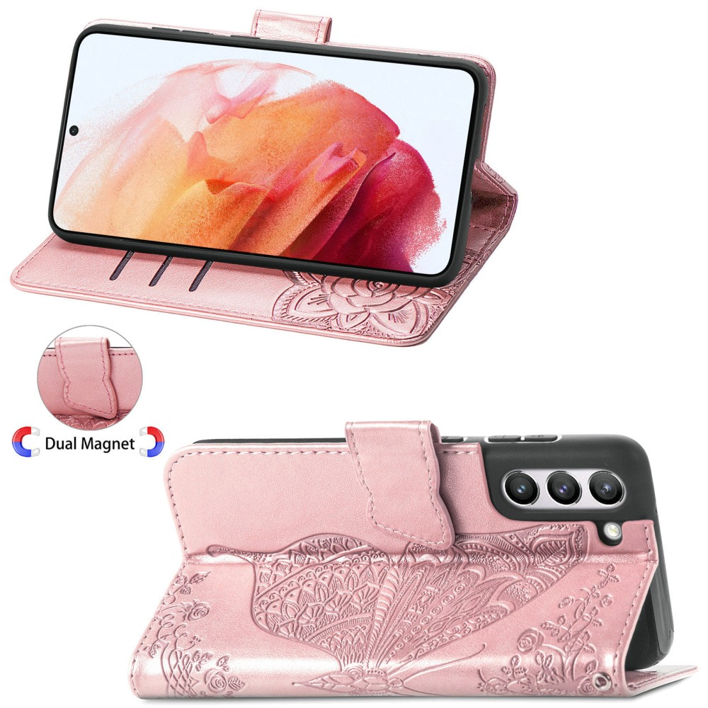 Samsung Galaxy S21 FE 5G Leder Tasche Flip Cover Schmetterlinge Imprint - Roségold
