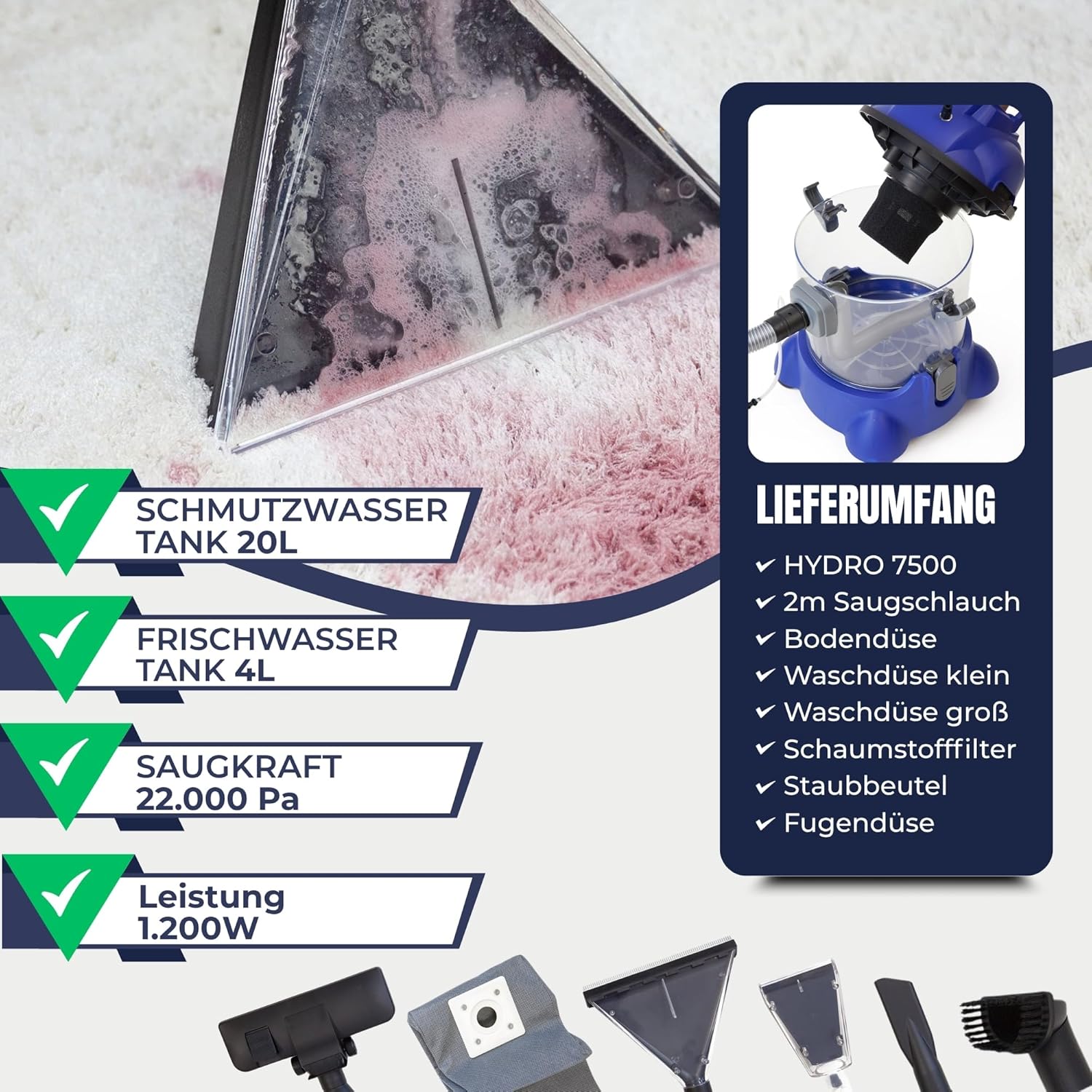 ALBATROS Hydro 7500 Waschsauger + 2L Reiniger – XXL Polsterreiniger Teppichreiniger Nasssauger – 1200 Watt, 20l Volumen, 22 kPa Saugleistung - Note: Sehr Gut