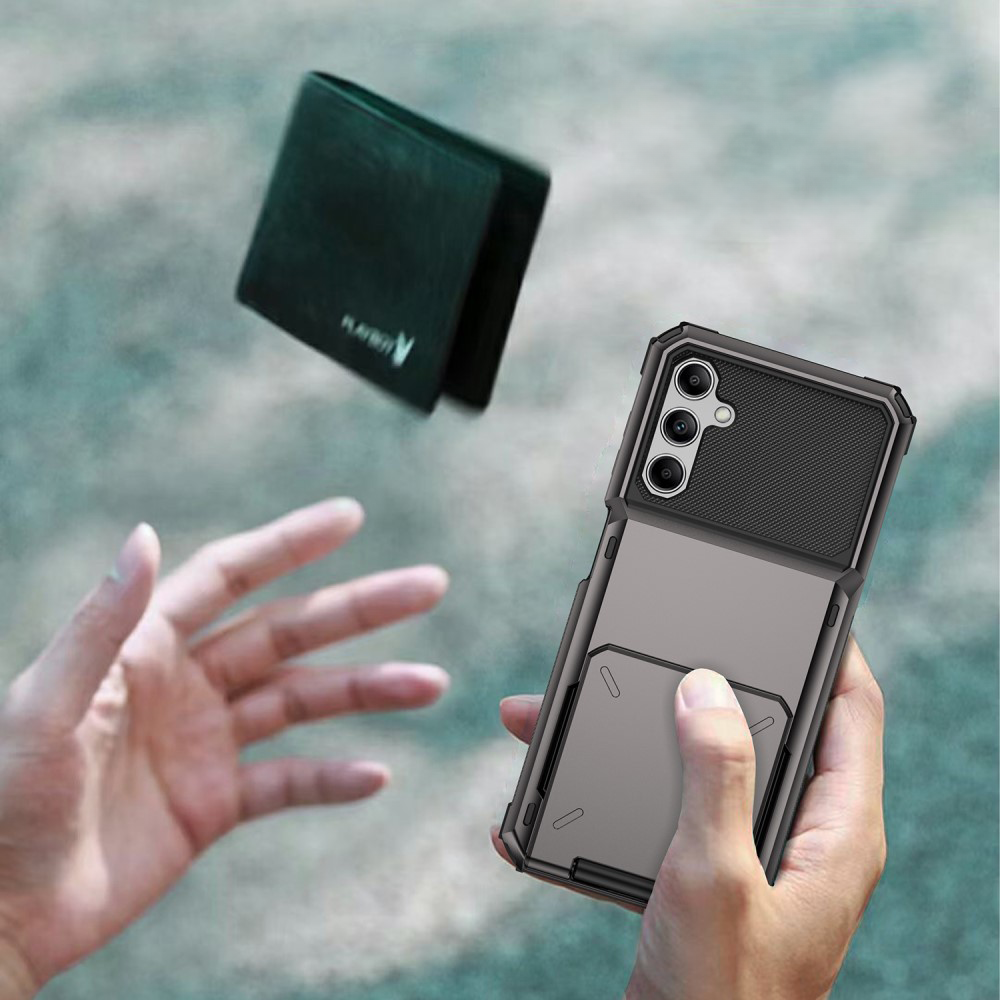 Samsung Galaxy A55 Hybrid Hardcase Hülle mit Aufschiebbarem Kartenfach - Schwarz / Grau