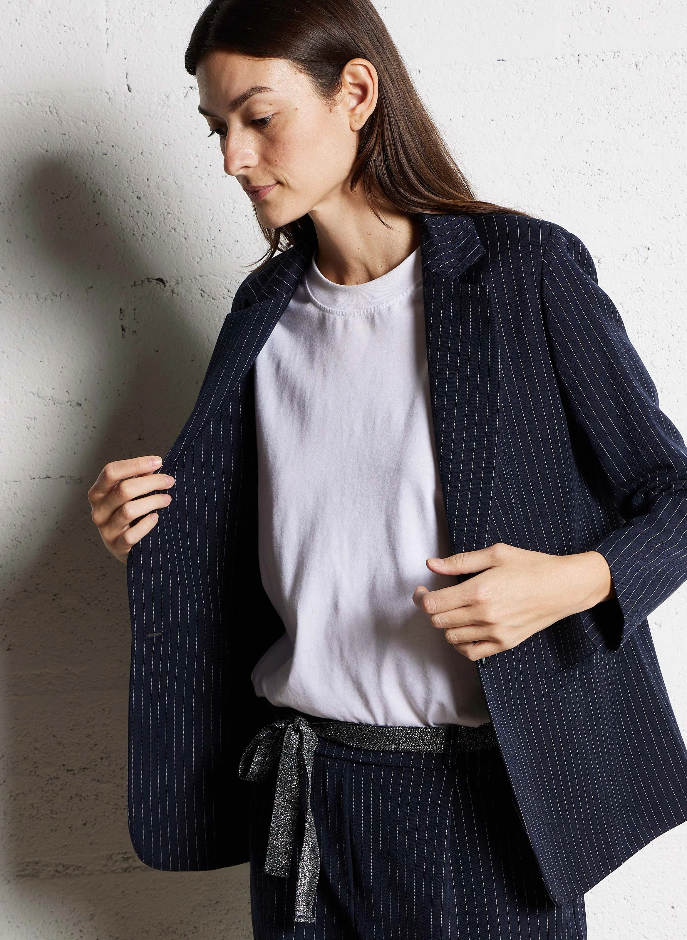 Blazer col tailleur droit à rayures | Bleu