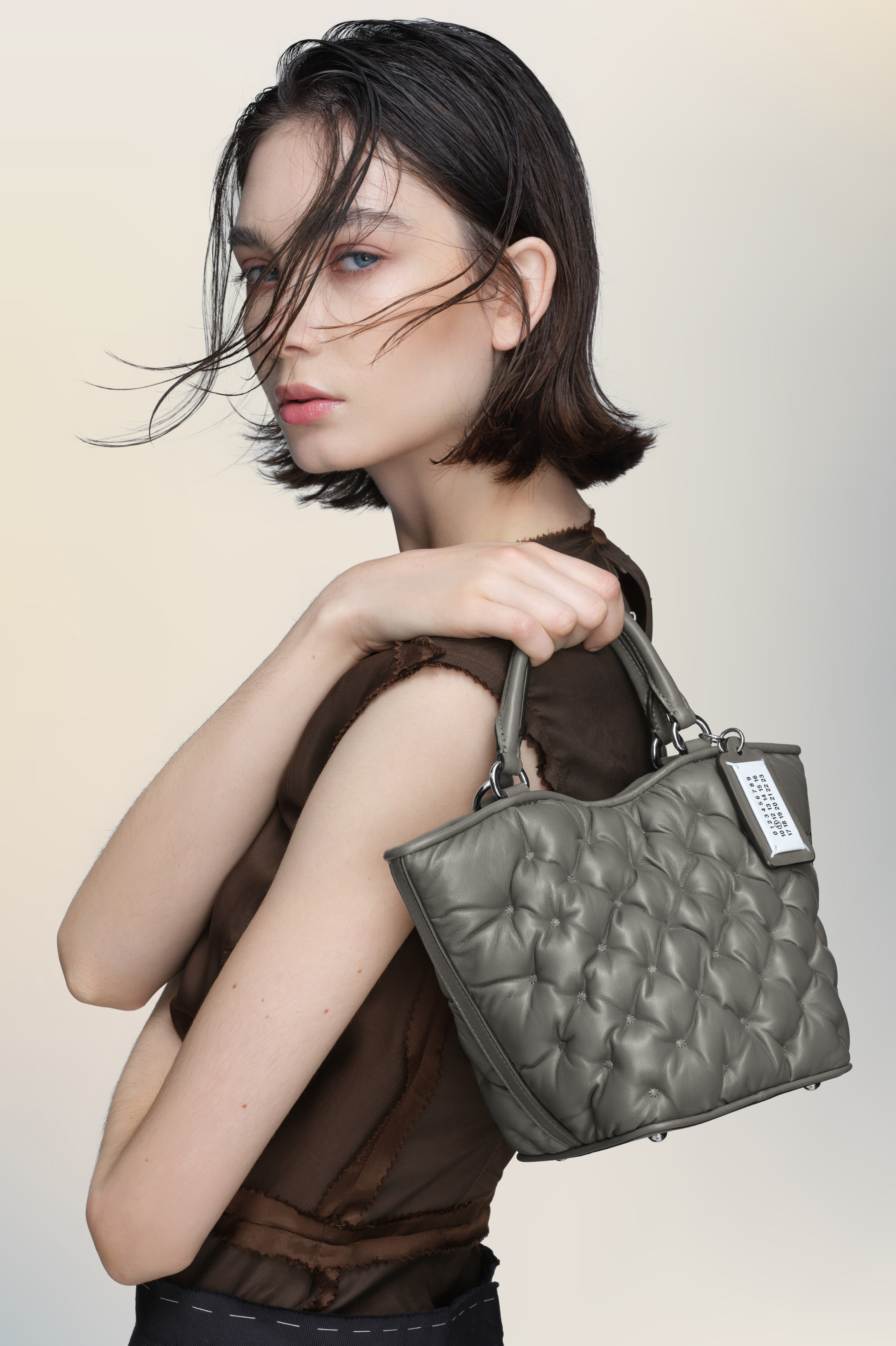 Sac cabas Glam Slam embroidery mini gris en cuir Gris caillou